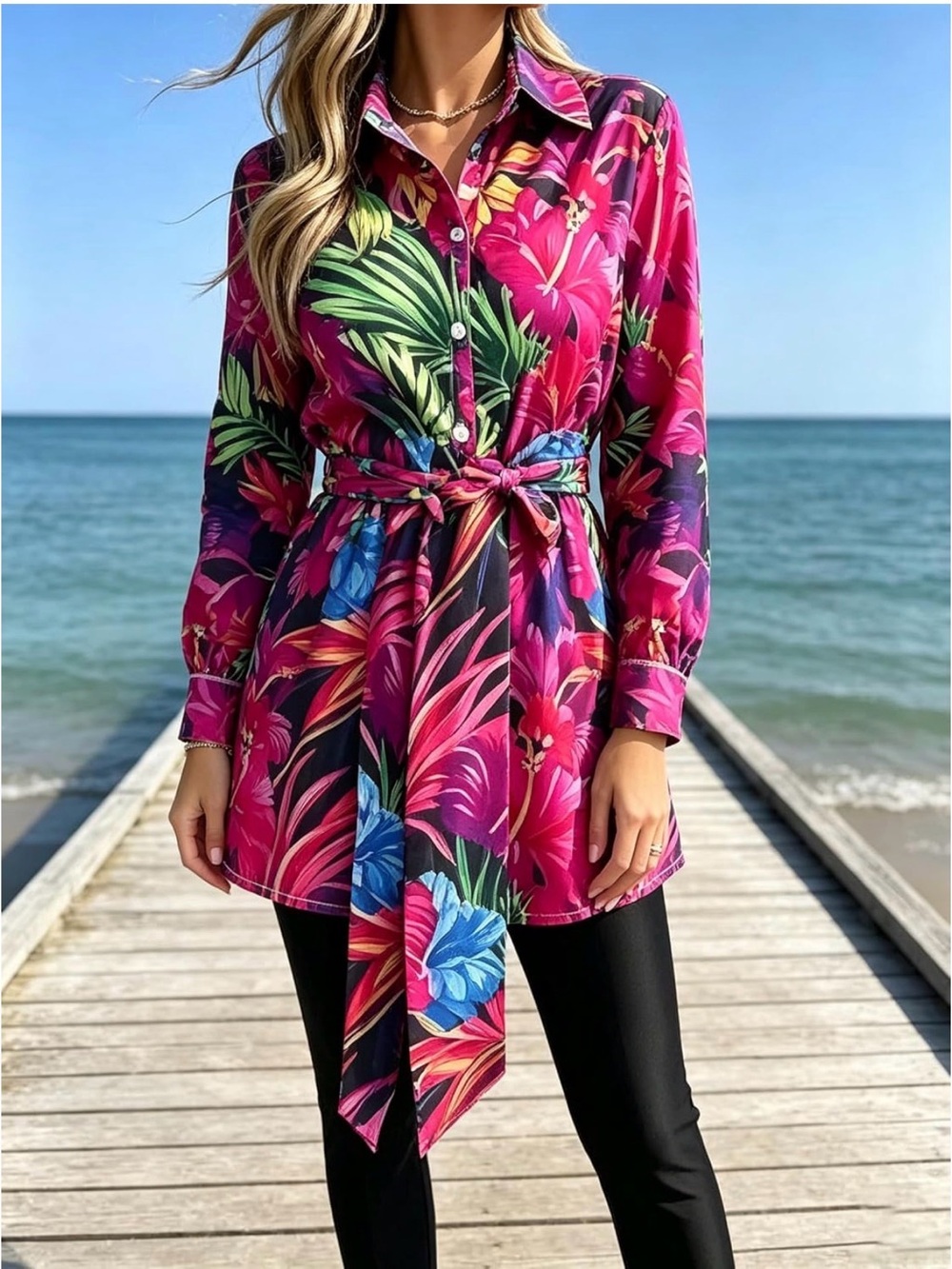 Women's Fitted Floral Button-Up Tunic in Fuchsia Pink